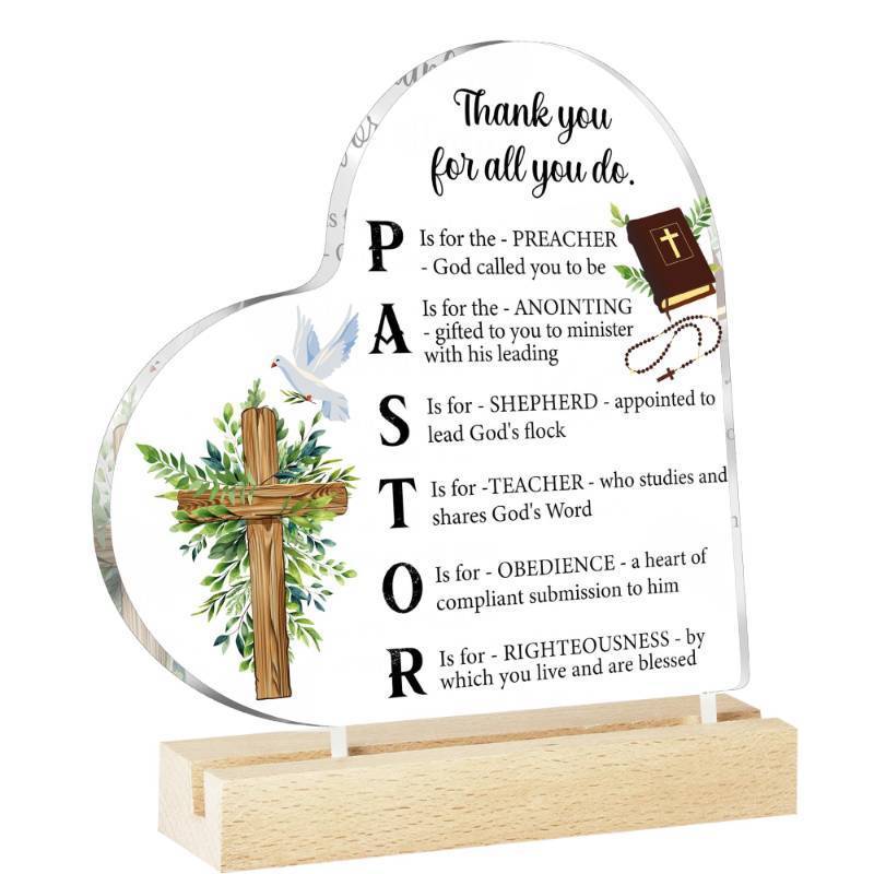 lot 11 image: Romart Pastor Appreciation Gifts Plaque, Heart-Shaped Acrylic Plaque with Wooden Stand, Thoughtful Christian Gift for Pastors with Inspirational Acronym