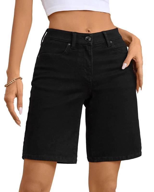 lot 115 image: OFLUCK Bermuda Shorts for Women Mid Waisted Trendy Stretchy Denim Shorts Knee Length Cutoff Loose Fit Jean Shorts SIZE 4