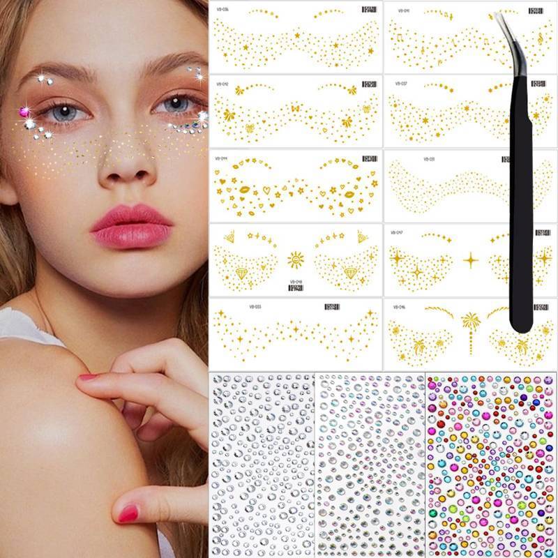 lot 21 image: Gold Glitter Freckles Face Tattoo Makeup - Fake & Faux Freckles, Sparkle, Waterproof, Temporary Face Tattoos - Jewels & Stickers - 26 Sheets for Women