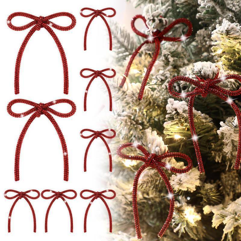 lot 23975 image: Gerrii 8 Pcs Christmas Bow Ornaments Sparkly Glitter Rhinestones Bow Christmas Tree Ornament Crystal Xmas Party Hanging Pendant Decoration Gift for Family Wedding Home Indoor Outdoor(Red) - Retail $5