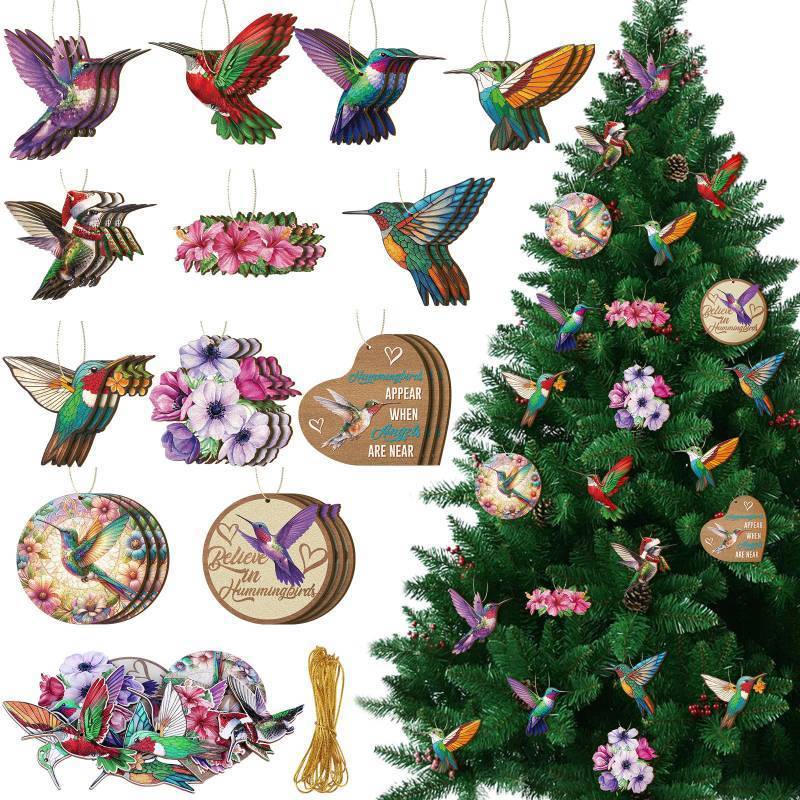 lot 23981 image: Vercraft 36 Pcs Hummingbird Christmas Tree Ornaments Set - Unique Double-Sided Printing Wooden Beautiful Bird Nature Outdoor Ornaments Gift Ideas for Xmas Holiday Women Bird Lovers