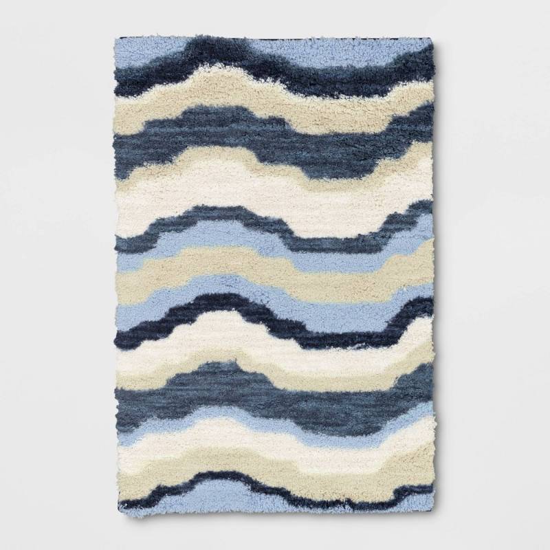 lot 30778 image: 4x6 Waves Area Kids Rug BlueGreen - Pillowfort Tufted High Pile, Skid-Resistant, OEKO-TEX Certified - Retail $65