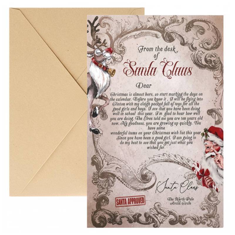 lot 31400 image: Motiskyy 20 Set Christmas Official Letter Set Letter from Santa Claus Includes Envelope and Stickers Personalized for Kids from Santa Xmas Party Favors Gifts Kits Xmas Greetings Cards(Brown,Vintage)2 Pack