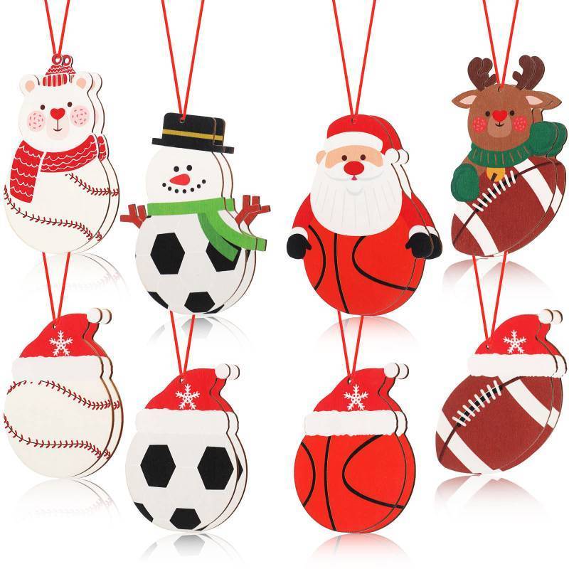 lot 31454 image: Vicenpal 16 Pieces Christmas Sport Ball Ornaments Wooden Soccer Football Decorations Set with Red Santa Hat Basketball Baseball Xmas Reindeer Hanging Ornaments for Christmas Tree Home Party Eve - Retail $16