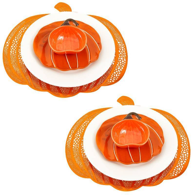 lot 43 image: Jinei 8 Pcs Thanksgiving Fall Tableware Set Include Large Ceramic Pumpkin Shaped Plates White Dinner Ceramic Plates Small Pumpkin Shaped Bowls and Place Mats for Autumn Halloween Table Party Decor
