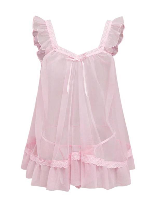 lot 80 image: RoseSeek Womens 2 Piece Lace Mesh Babydoll Lingerie Set Sheer Chemise Nightgowns with Thongs Sleepwear Pink Small