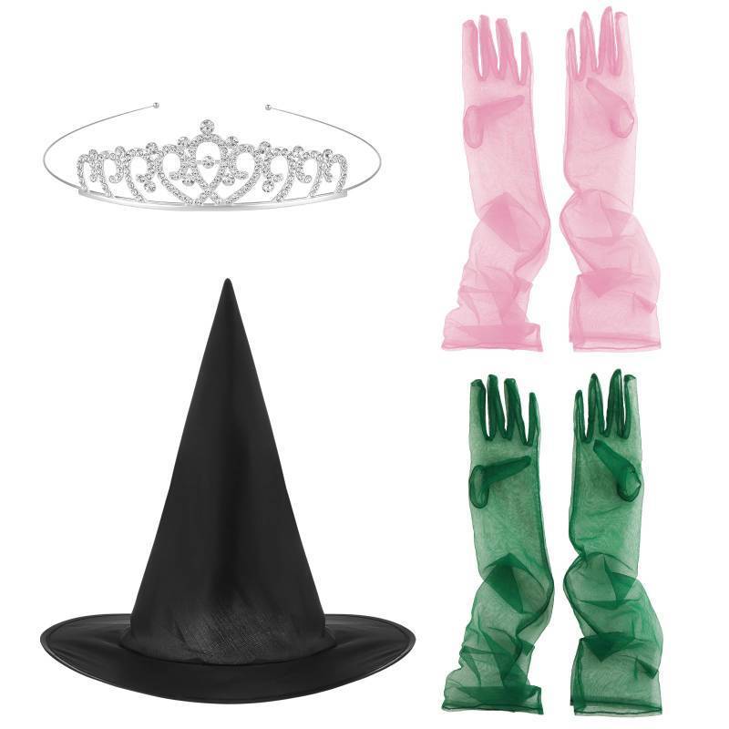 lot 323 image: 4 Pcs Witch Hat and Princess Crown Set with Gloves Halloween Costume Green Pink Party Favors