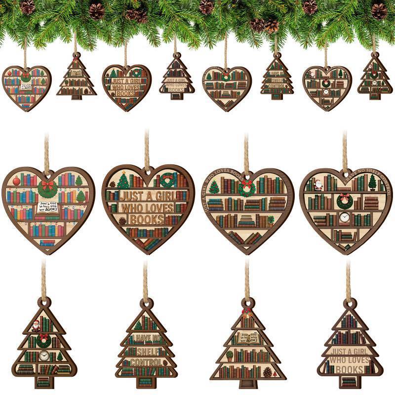 lot 337 image: 32 Pcs Book Lovers Christmas Ornaments, Wooden Heart-Shaped Just a Girl Who Loves Books