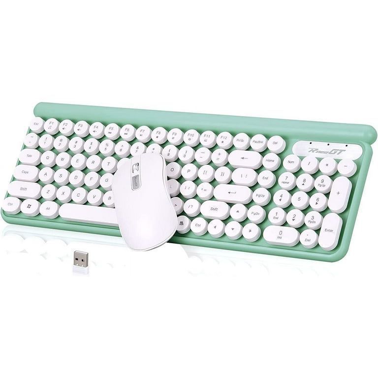 lot 3878 image: Wireless Keyboard and Mouse Combo, RaceGT Typewriter Keyboard Mouse Combo, 2.4G Silent USB Mouse, Quiet Cordless Cute Retro Keyboard Mouse Set, for Windows, Computer, Desktop, PC, Laptop, Green (Missing USB Connector)