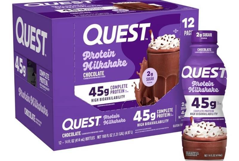 lot 400 image: Quest Nutrition Protein Milkshake, Chocolate, 45g Protein, 2g Sugar, High Protein, Low Sugar, Gluten Free, 1 Count BEST BY 02092026