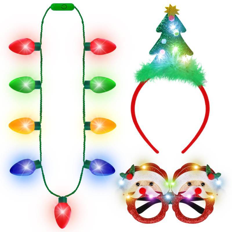 lot 7043 image: Blowata Christmas Party Favors, 3PCS Light Up Christmas Necklace Headband Glasses Set, Xmas Bulb Necklace Xmas Tree Lights Holiday Headbands LED Flashing Santa Eyeglasses Bulk for Xmas Gift&nbsp