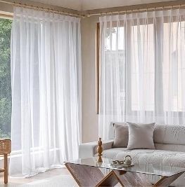 lot 30282 image: Sheer Curtain with Flexible Curved Track Set -WhiteCeiling Mount Track Kit with Soft Sheer Panel - Ideal for Room Divider, Bay Window, Bedroom, Nature, 72 W x 72L (Pack of 1) - Retail $55