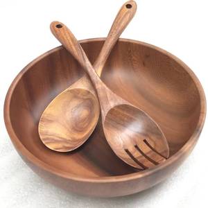 lot 9504 image: Wooden Salad Bowl Set, 9.45 inch Acacia Wood with Fork and Spoon