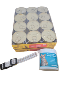 lot 10002 image: Pet Care Bundle - Wellness Cat Food, Dog Collar, and Ear Cleaning Wipes, CAT FOOD BEST BY MAY 30, 2028