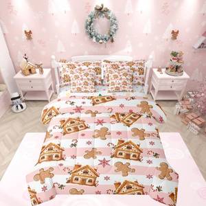 lot 10005 image: Feelyou Pink Christmas Gingerbread Man Comforter Set 7 Piece Bedding Set -Full Size  - Retail $76