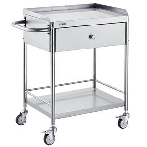 lot 2711 image: VEVOR Medical Cart, 2-Layer Stainless Steel Cart 220 lbs Weight Capacity, Lab Utility Cart with 360° Silent Wheels and a Drawer for Lab, Clinic, Kitchen, Salon - Retail $110
