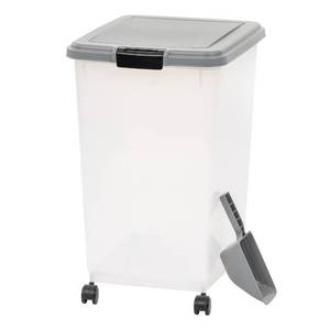 lot 4349 image: Amazon Basics Airtight Pet Food Storage Container with Scoop, BPA Free, Removable Wheels, 69 QT, Gray (Damaged)
