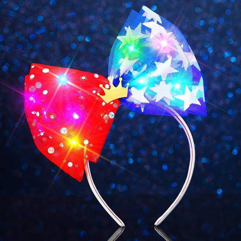 lot 7081 image: Light Up Independence Day Bow Headband Glow Star Patriotic Hair Accessories