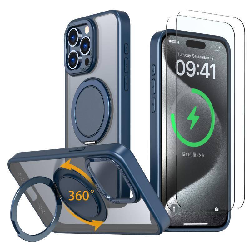 lot 7088 image: HCXLYP Magnetic Stand Case for iPhone 14 Pro with 2 Tempered Glass Film 360° Rotation Magnetic Stand Compatible with Magsafe Military-Grade Drop Protection Case, Blue&nbsp