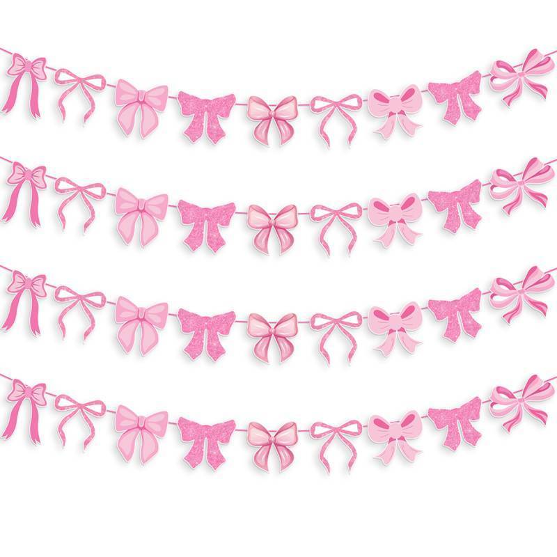 lot 9138 image: Pink Bow Garland Banner, 4Pcs Pink Bow Banner Bow Birthday Party Decorations