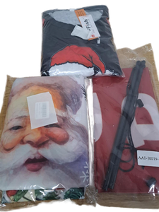 lot 7168 image: Christmas Bundle, Mens Small Pajamas, Banner, and Garage Door Decoration