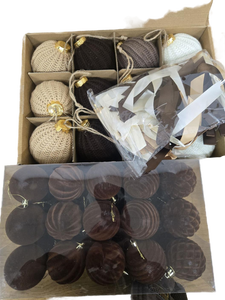 lot 10034 image: Knitted Christmas Ornament Set, Velvet Ornament Set, and Ribbons