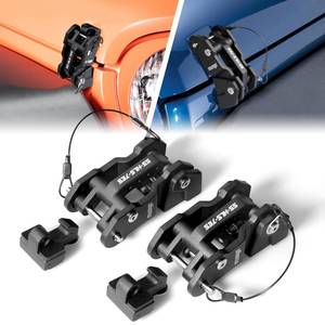 lot 10053 image: Hood Latches Aluminum Hood Catch Replacement for Jeep Wrangler JKJKU 2007-2017, JLJLU 2018 & Jeep Gladiator 2020 with Painted, Patented Design (Black,1 Pair) - Retail $50
