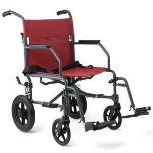 lot 15066 image: Medline Durable Folding Steel Transport Wheelchair with 12-Inch Wheels 19-Inch Seat Width  Gray Frame  Microban  Burgundy Upholstery - Retail $132