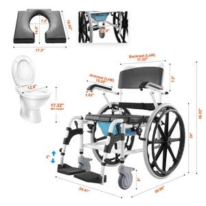 lot 15083 image: VEVOR Shower Wheelchair, 17.5in Width Aluminum Alloy Bathroom Wheelchair for Inside Shower, Adjustable Rolling Shower Chair wBrake for Disabled Adult, 300 lbs Capacity Shower Commode Transport Chair - Retail $287