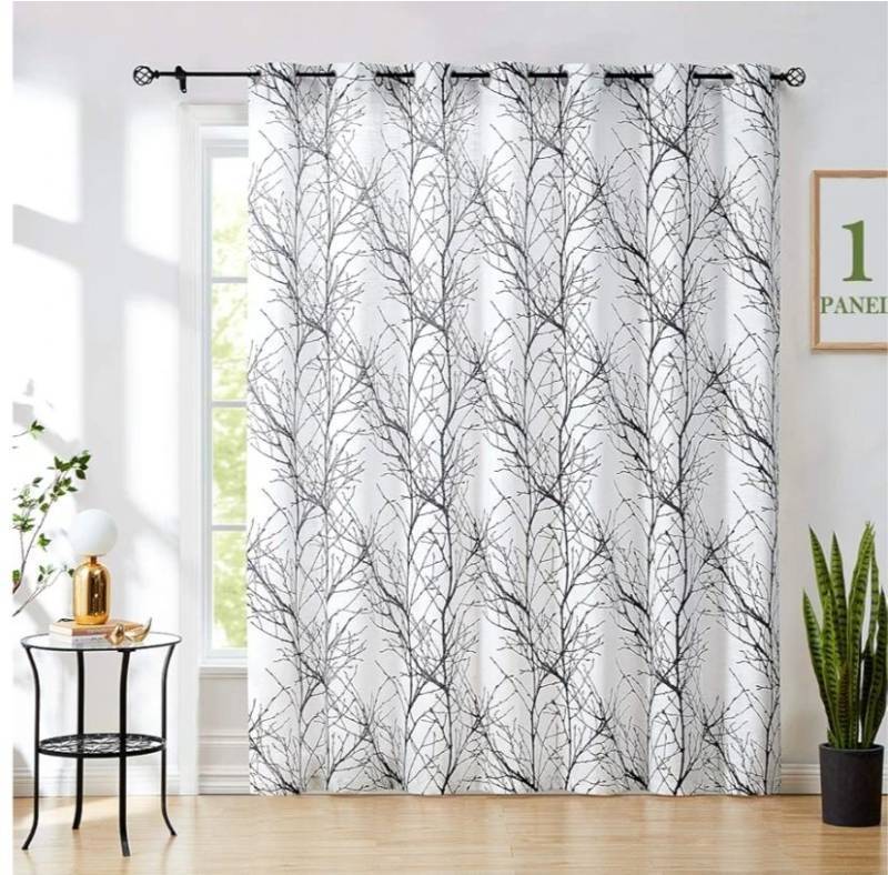 lot 31034 image: FMFUNCTEX Tree Print Semi Sheer Patio Door Curtain 96 Inches Black Branch White Sliding Door Curtains Extra Wide Privacy Glass Door Curtain, Linen Texture Curtains Grommet Top1 Panel