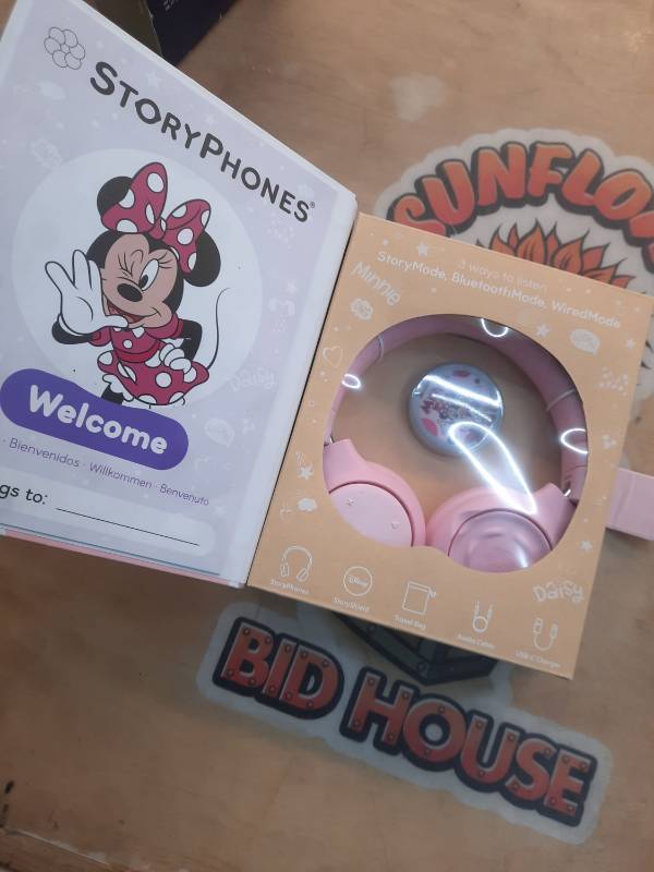 lot 16415 image: ONANOFF - Storyphones Storytelling Foldable Bluetooth Kids Headphones, Intro Bundle with Mickey Mouse Story Disk - Pink - Retail $100