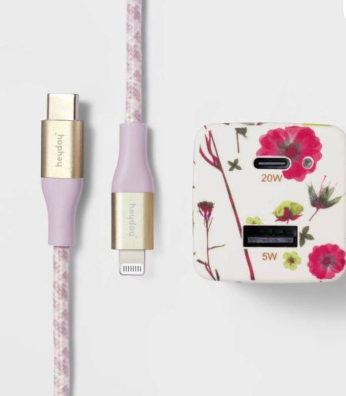 lot 16418 image: 2-Port Wall Charger with 6 Lightning to USB-C Cable - heyday Floral