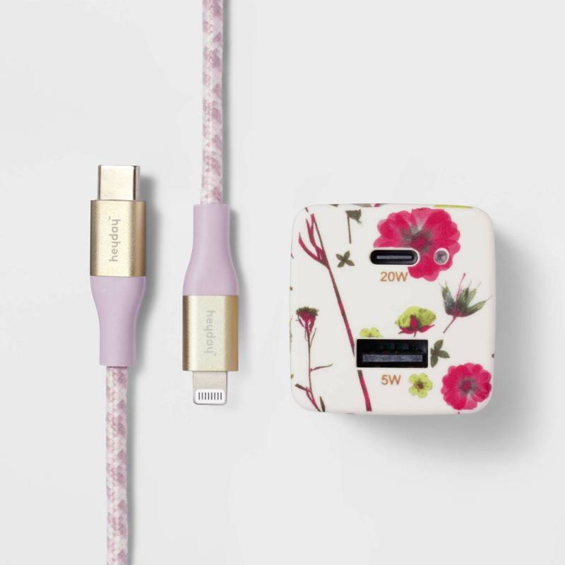 lot 30743 image: 2-Port Wall Charger with 6 Lightning to USB-C Cable - heyday Floral