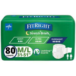 lot 2760 image: FitRight Extended Wear Stretch Briefs, Overnight Adult Diapers with Tabs, Size 1 (Case of 80) - Retail $80