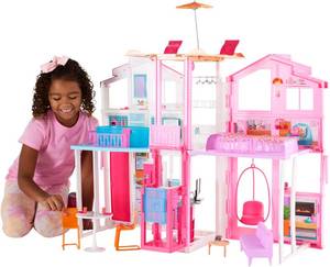 lot 2764 image: Barbie 3-Story Townhouse Dollhouse with Elevator, Swing Chair, Furniture and Accessories -Retail $116