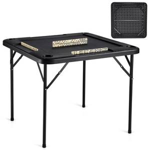 lot 2787 image: VEVOR Folding Card Table, 4 Player Portable with 4 Cup Holders & Chip Trays, Mahjong Domino Game Set, 35.4 x 35.4-inch, Black