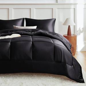lot 4407 image: MR&HM King Size Comforter Set Black, Reversible Satin Microfiber (104x90) and 2 Pillowcases (20x36)