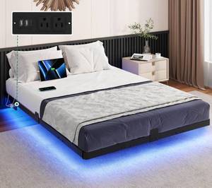 lot 4424 image: YITAHOME Full Size Floating Bed Frame, LED Bed Frame with Charging Station, Metal Platform, No Box Spring Needed, Easy Assembly, Black (SEE DETAILS)