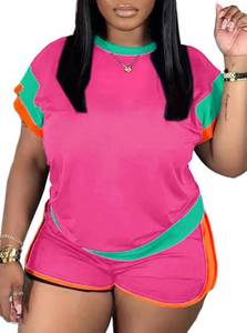 lot 7213 image: Womens 2 Piece Outfits Color Block T Shirt with Shorts Set Pink, Size-Small