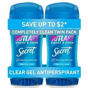 lot 7216 image: Secret Outlast Clear Gel Antiperspirant Deodorant Completely Clean  2.6 oz Each Twin Pack