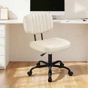 lot 15110 image: Swivel Rolling Office Chair, Armless Pu Leather Vanity Chair with Back Lumbar Support Height Adjustable Computer Chair, White - Retail $332
