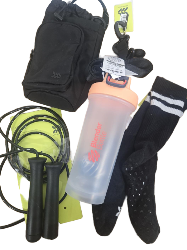 lot 23210 image: Fitness Workout Set with Blender Bottle- Blender Bottle, Jump rope (Broken End), Grip Socks, and Bottle Carrier Bag