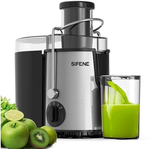lot 846 image: SIFENE Centrifugal Juicer Machine - 400W, 3 Speed, Wide Chute - Silver (DENTED, SEE PHOTOS, WORKS)