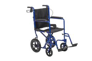 Drive Medical Lightweight Expedition Folding Transport Wheelchair with Hand Brakes - Portable Support - Large Rear Wheels - Compact Folding - Comfortable Design - Blue - Retail: $204