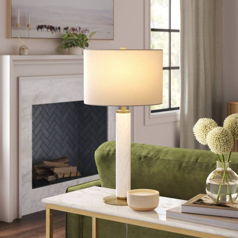 lot 23282 image: Faux Marble Stick Table Lamp White - Threshold Gold Base, Linen Drum Shade, No Assembly Require
