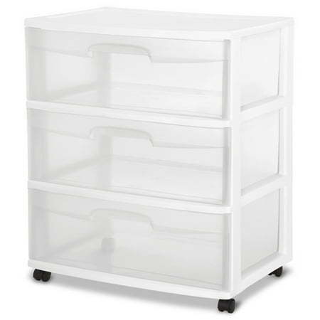 lot 2102 image: Sterilite Wide 3 Drawer Cart  Clear Plastic Storage Drawers  Wheels Included  White