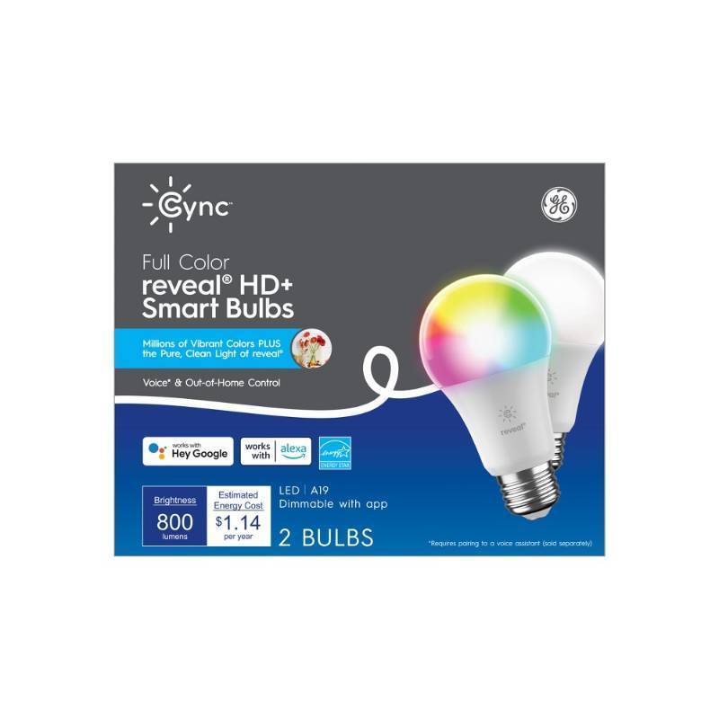 lot 2148 image: GE 2pk CYNC Reveal Smart A21 LED Light Bulbs Full Color Voice Control, Energy Star, Alexa & Google Assistant Compatible