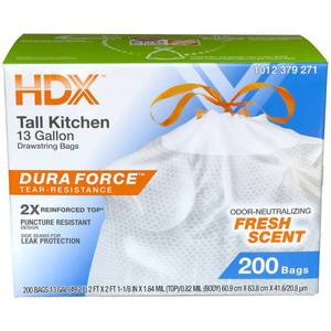 lot 8923 image: 13 Gallon Reinforced Top Drawstring Fresh Scented Tall Kitchen Trash Bags with 20% PCR (200-Count)
