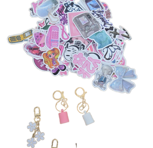 lot 9842 image: Cute Pink Style Flower Charm Keychain and Stickers Set