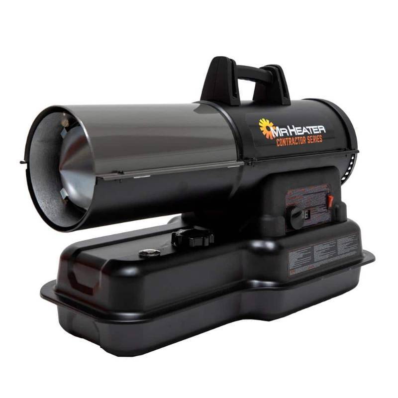 lot 2341 image: Contractor Series 80,000 BTU Black Forced Air KeroseneDiesel Outdoor Space Heater with Thermostat - Retail $209